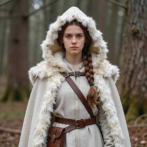 Medieval Hunter Woman in White Fur Cloak