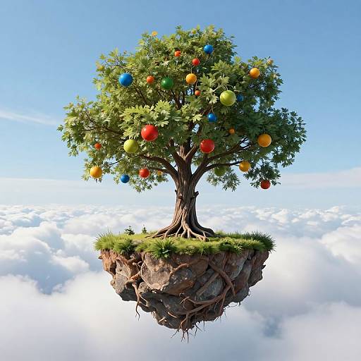 Digital artwork of a floating, colorful tree with red, blue, yellow, and green orbs, rooted on a grassy rock above clouds.