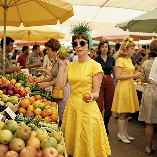 Photograph of a 1960s market: woman in yellow dress, green spiky hat, sunglasses, holding apple, surrounded by colorful fruits,