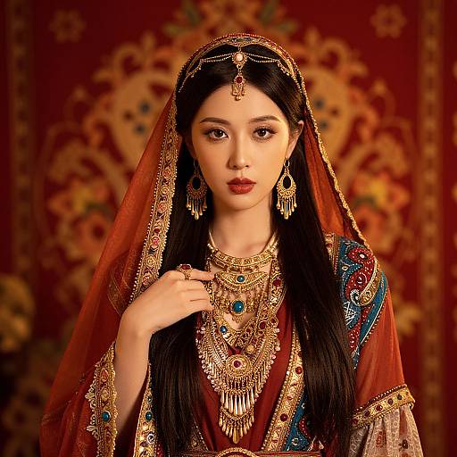 Photograph of an elegant Asian bride in traditional gold and red attire, adorned with intricate jewelry, including a headpiece and necklace, against a richly