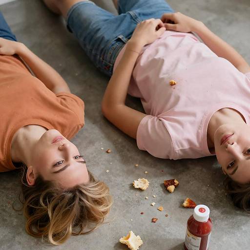 Two Women Lying on Messy Floor with Food Crumbs