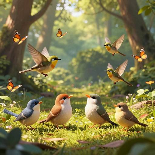 Colorful Birds and Butterflies in Forest Clearing