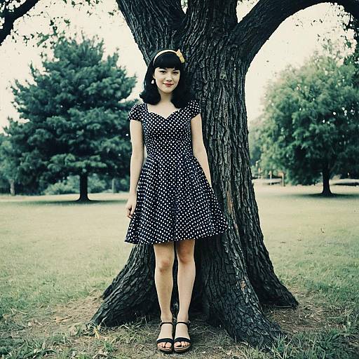 Woman in Retro Polka Dot Dress Outdoors