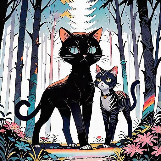 Playful Cat Under a Double Rainbow