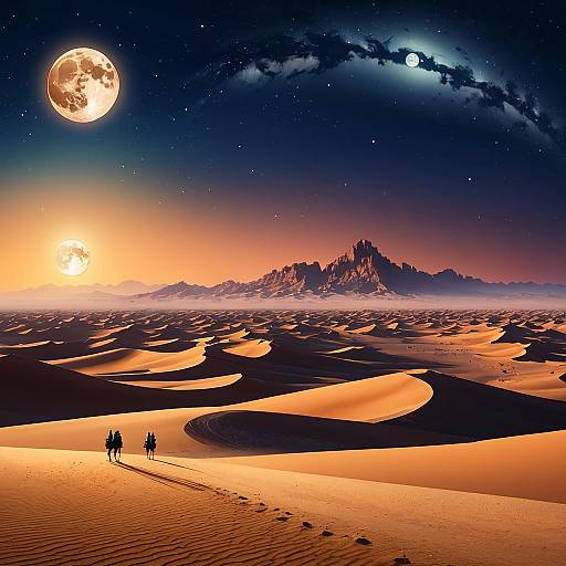 Surreal Desert Landscape with Multiple Moons and Mountains