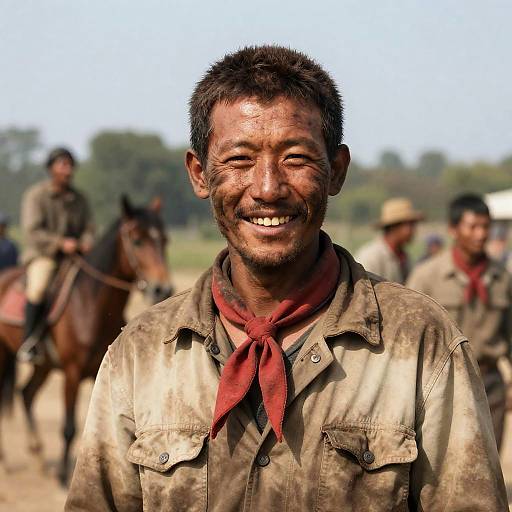 Smiling Man in Dusty Attire Outdoors