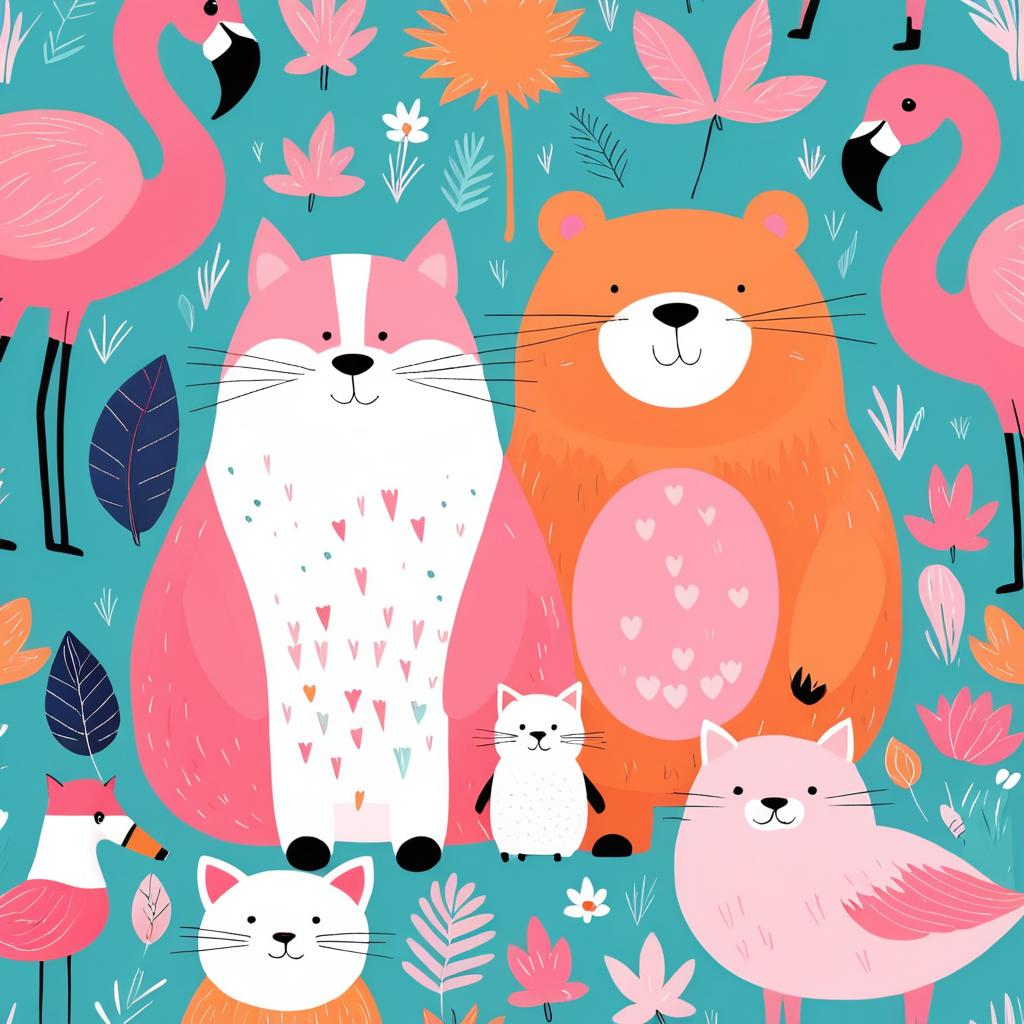 Whimsical Trio: Cat, Bear, and Flamingo