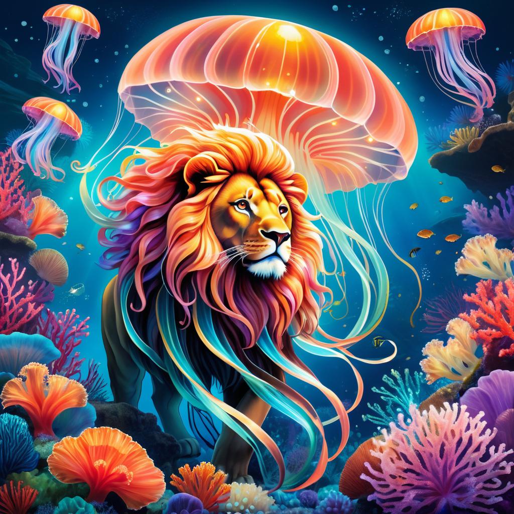 Luminescent Lion-Jellyfish in Coral Reef