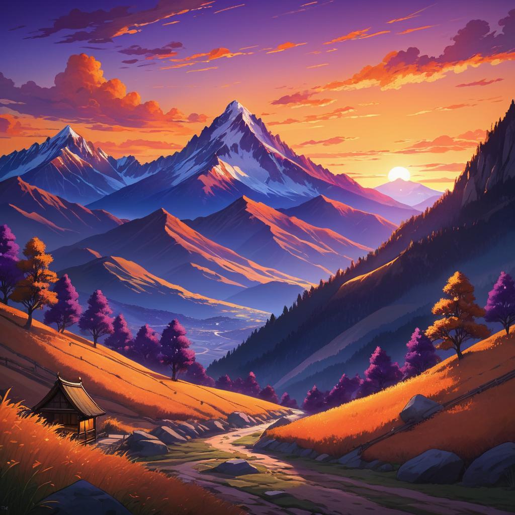 Vibrant Sunset over Rustic Anime Mountains