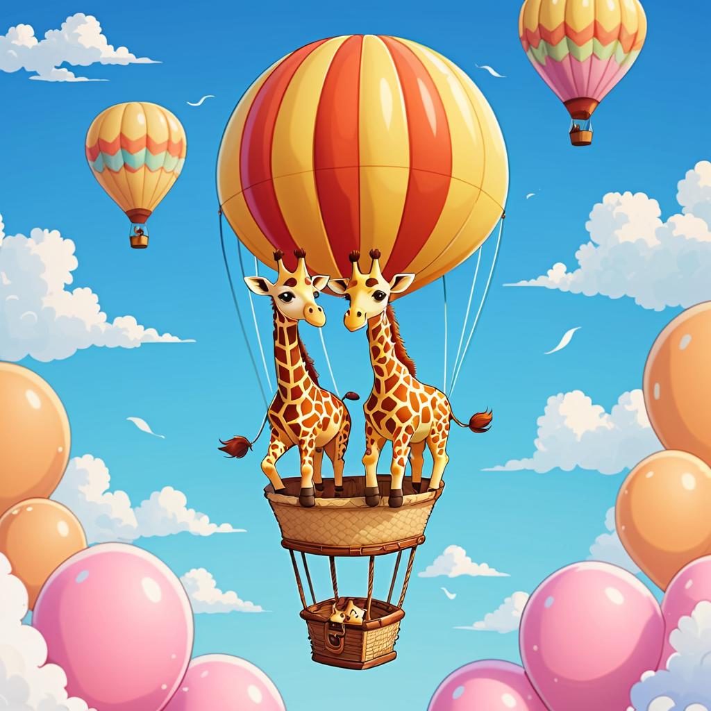 Anime Style Giraffes in Hot Air Balloon