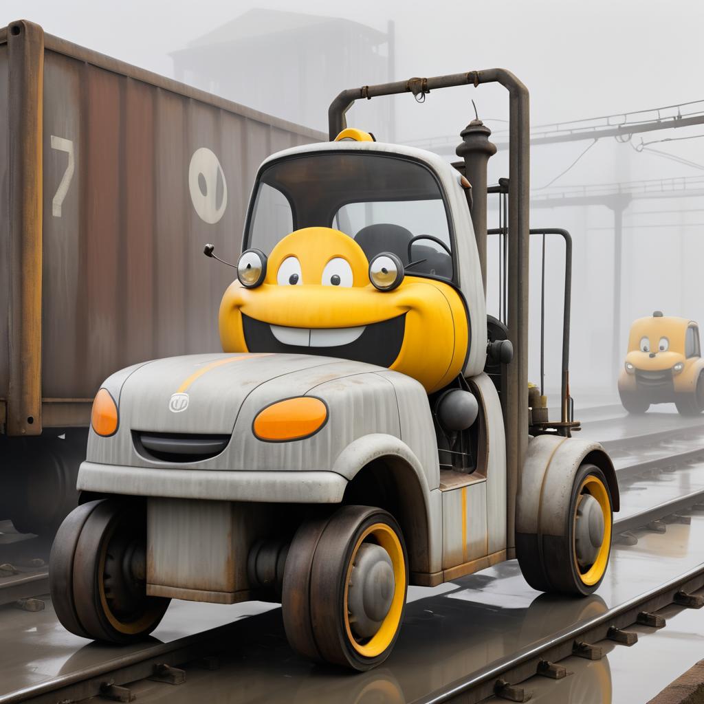 Cheerful Anthropomorphic Forklift in Foggy Rail Yard