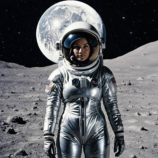 Female Astronaut in Silver Spacesuit on Moon