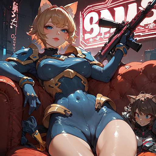 Digital anime-style illustration of a blonde catgirl in a tight blue bodysuit, holding a gun, sitting on a red couch, with a smaller