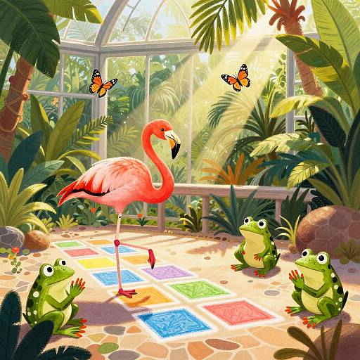 Playful Flamingo Hopscotch in Conservatory