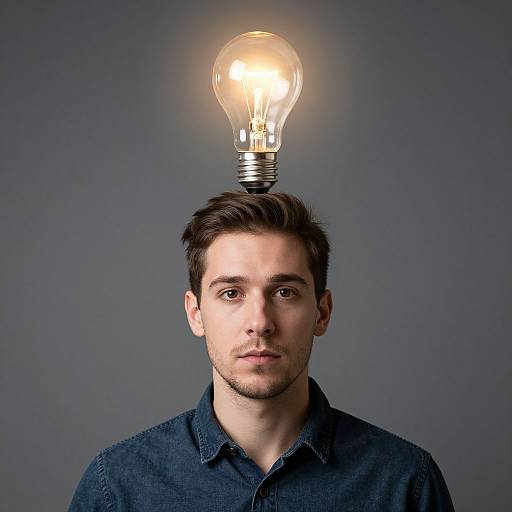 Photograph of a young man with short brown hair, fair skin, and brown eyes, wearing a dark blue shirt, with a glowing light bulb sitting