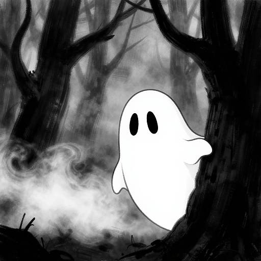 Black-and-white digital drawing of a simple white ghost with black eyes in a dark, foggy forest with tall, ominous trees.