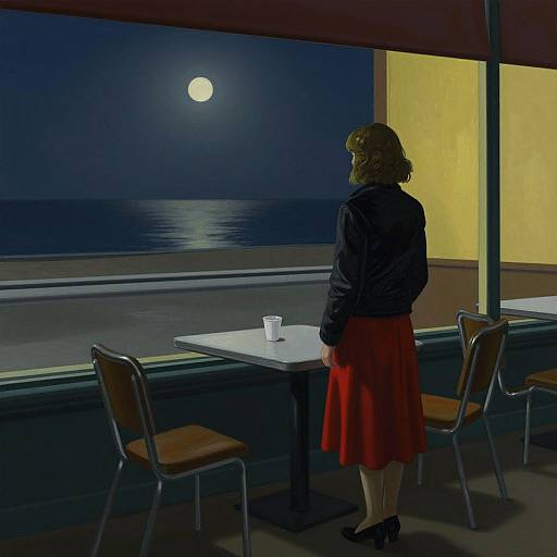 Digital painting of a woman in a black jacket and red skirt, standing at a table with a coffee cup, gazing at a moonlit ocean through