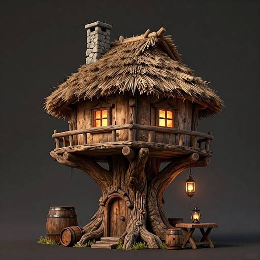 Photorealistic CGI of a rustic wooden cottage with thatched roof, lit windows, stone chimney, barrels, lanterns, and dark background.