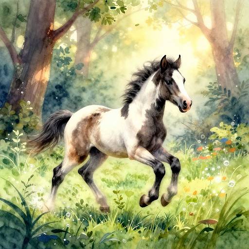 Watercolor Baby Horse in Magical Forest