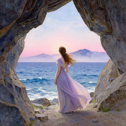 A woman in a flowing lavender dress stands in a rocky coastal cave, facing the ocean at sunset, her hair blowing in the wind. Digital art.