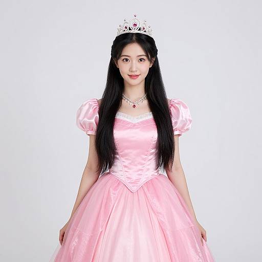 Photograph of an East Asian woman with long black hair, wearing a pink satin princess dress, puffed sleeves, and a silver tiara, against