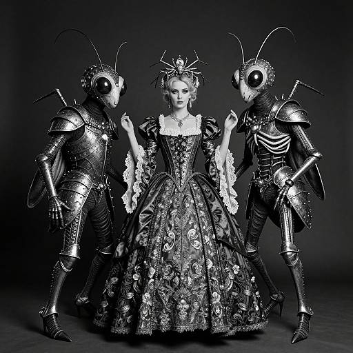 Photograph of a woman in an ornate, black-and-white, baroque-style dress flanked by two metallic, insect-like armored figures with antenn