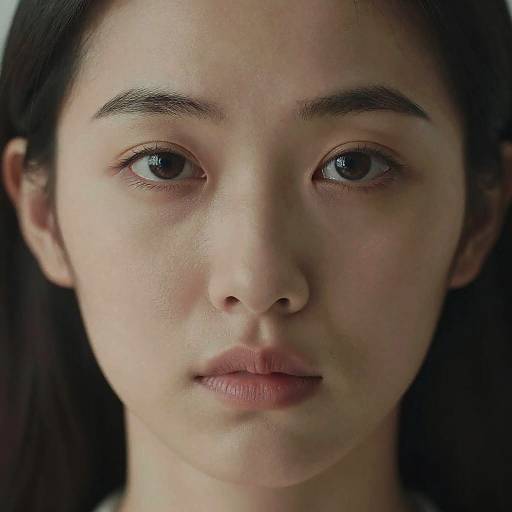 Close-up photograph of a young Asian woman with fair skin, straight black hair, and neutral expression, gazing directly at the camera.