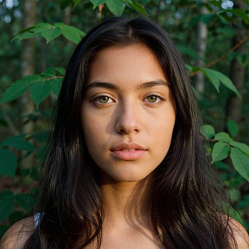 Photograph of a young woman with long black hair, olive skin, green eyes, and natural makeup, standing in a forest with green leaves in the