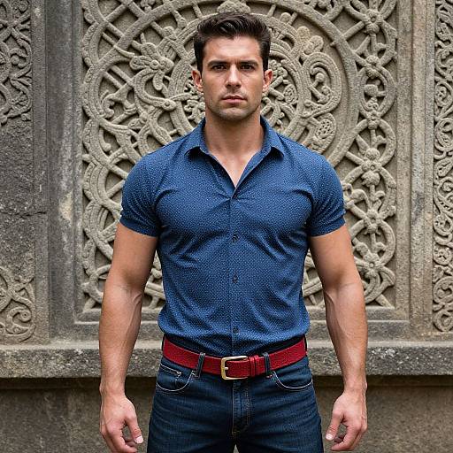 Photograph of a muscular, handsome white man with short dark hair, blue polka-dot shirt, red belt, and dark jeans, standing in front