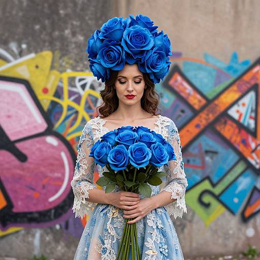 Ethereal Woman in Surreal Blue Floral Gown