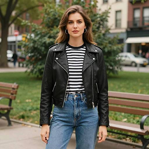 Photograph of a young woman with long brown hair, wearing a black leather jacket, striped shirt, and high-waisted blue jeans, standing in