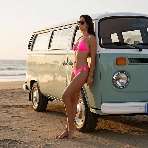 Photograph of a tan-skinned woman in a bright pink bikini, standing barefoot beside a vintage green and white van on a sunlit beach.