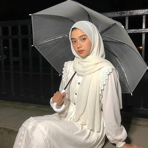 Photograph of a young woman in a white hijab and embroidered white dress, holding a black umbrella, sitting outdoors at night.
