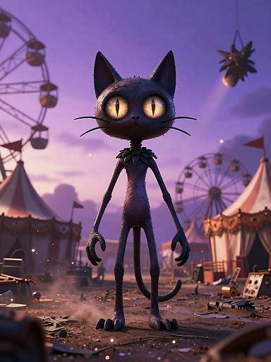 CGI image of a tall, black, cartoon cat with glowing yellow eyes standing in a colorful, twilight carnival scene with a Ferris wheel, tents