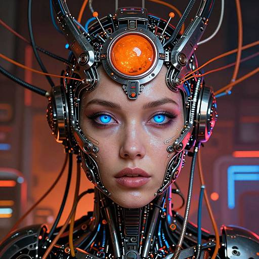 Cyberpunk portrait of a woman with glowing blue eyes, wearing a futuristic, orange-lit headpiece with intricate black wiring against a neon-lit
