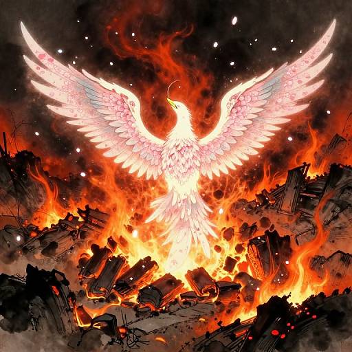 Digital artwork of a radiant, white-feathered phoenix with outstretched wings, emerging from a fiery, rocky landscape with glowing embers.