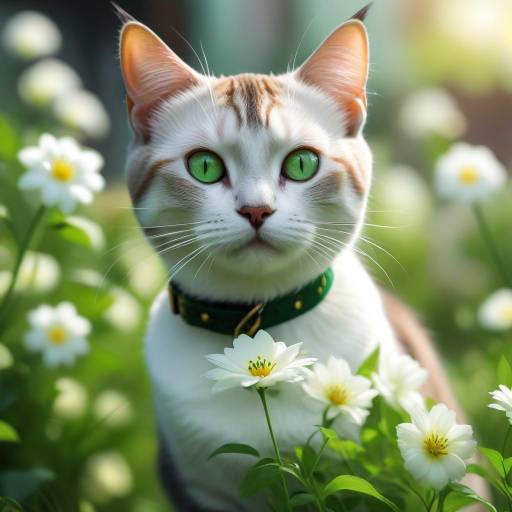 Realistic Burmese Cat Among Flowers