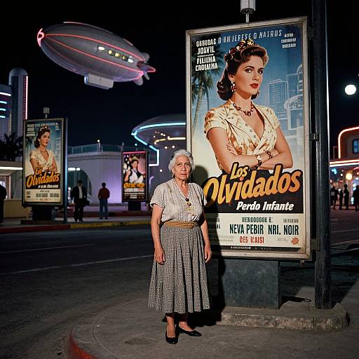 Photograph of elderly woman in vintage outfit standing in front of 1940s movie poster for 