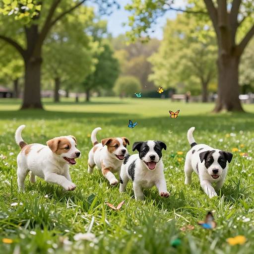 Photograph of four playful, white and brown Jack Russell puppies running in a sunlit, green park with colorful butterflies and trees in the background.
