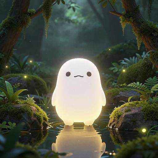 Glowing Cartoon Creature in Misty Forest