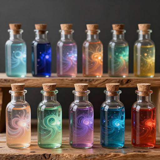 Photograph of ten glass bottles with cork stoppers, each containing colorful, glowing liquid and swirling patterns, arranged on a wooden shelf and table against a
