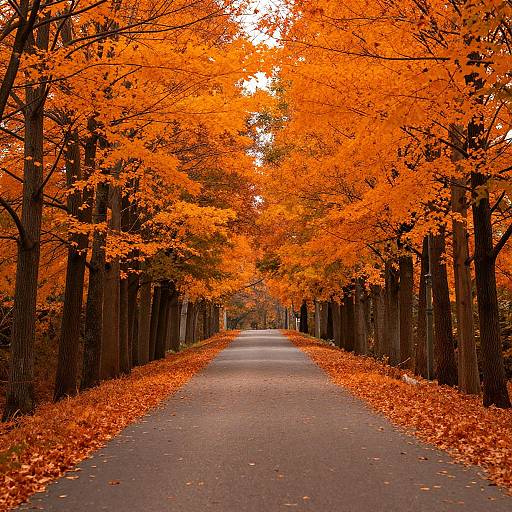 Photograph of a tree-lined autumn road with vibrant orange leaves, fallen leaves on the ground, and a straight, empty path.