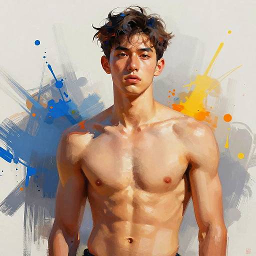 Digital painting of a shirtless, muscular young Asian man with tousled black hair, defined abs, and a neutral expression. Background features vibrant blue and