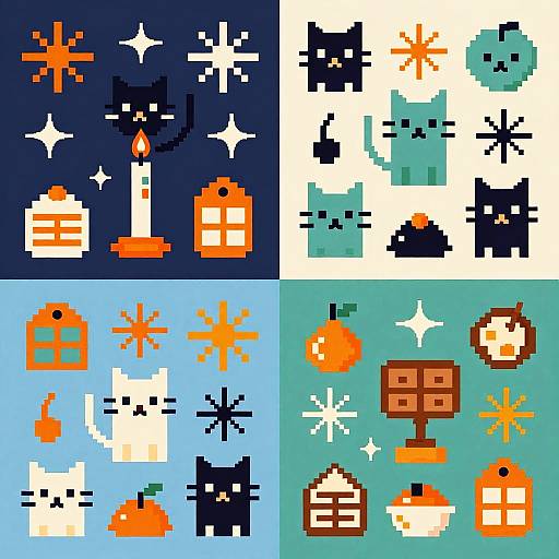 Pixel art collage of four quadrants: night with candle and lantern, winter with cats, summer with suns, autumn with pumpkins. Bright,