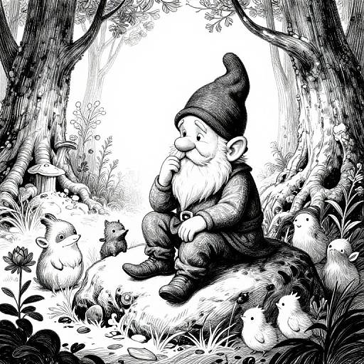Black and white ink drawing of a smiling gnome in a pointed hat, sitting among woodland creatures like rabbits, mice, and birds.