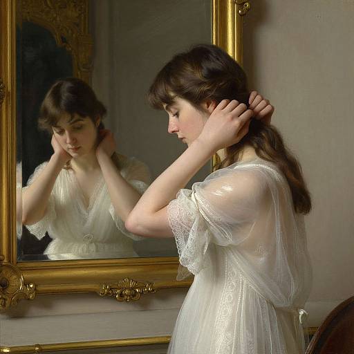 Photograph of a young woman with fair skin and brown hair, wearing a sheer white lace dress, adjusting her hair in front of an ornate gold