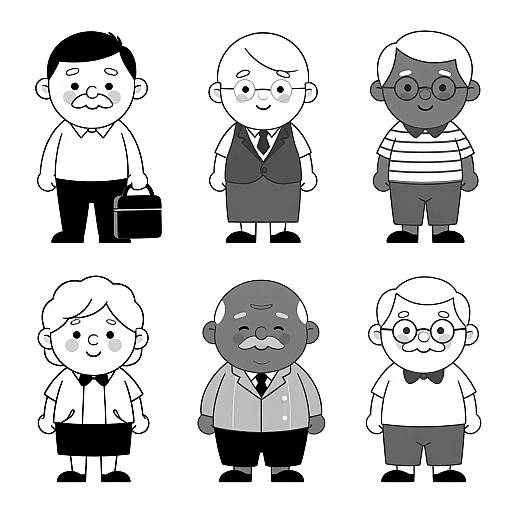 Black-and-white cartoon illustration of six diverse characters: three white and three dark-skinned, wearing various shirts and vests, standing in a grid.