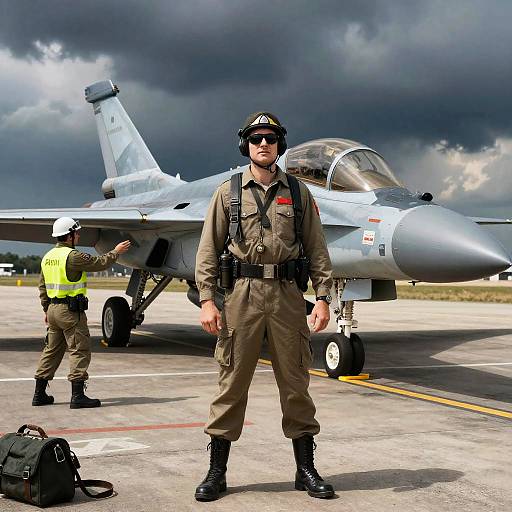 Photograph of a male air force security officer in brown uniform and black boots, standing in front of a grey military jet on a tarmac with storm
