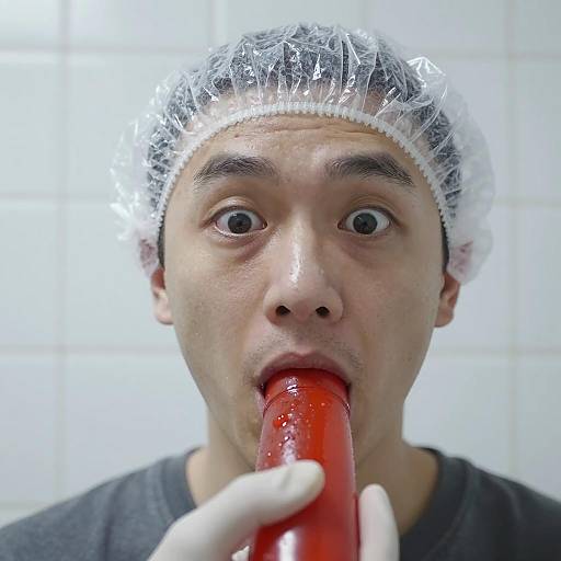 Man with Hair Cap and Red Object in Mouth