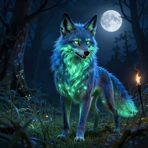 Digital artwork of a glowing blue wolf with neon green fur standing in a dark forest under a full moon, surrounded by grass and a small torch.